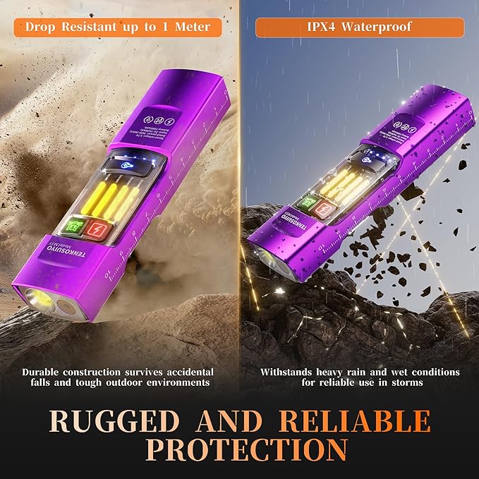 Rechargeable Flat Flashlight 680 Lumens Magnetic Clip On Hands Free Light for Car Repair Camping Emergency (Purple)