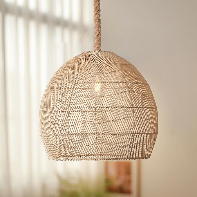 Arturesthome Natural Rattan Pendant Light for Kitchen Island, Woven Lamp Shade Chandelier, Hanging Ceiling Light, Handmade Lampshade Rope Lamp D15.7in*13.7in
