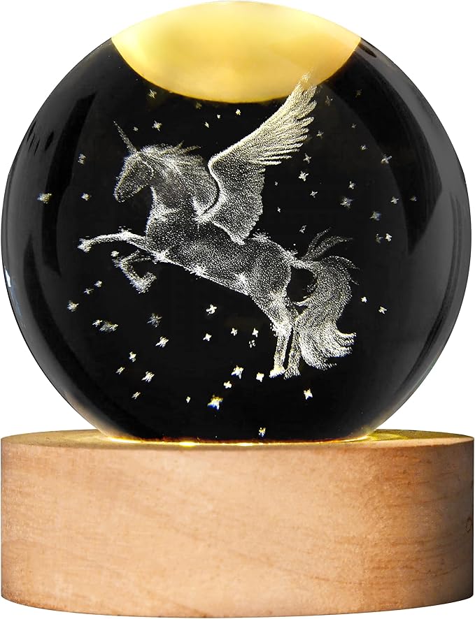 Unicorn Figurine Crystal Ball Lamp with LED Stand, 3D Laser Engraved Glass Sphere Decorative Balls Paperweight(60mm)