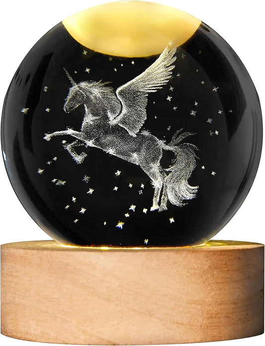 Unicorn Figurine Crystal Ball Lamp with LED Stand, 3D Laser Engraved Glass Sphere Decorative Balls Paperweight(60mm)