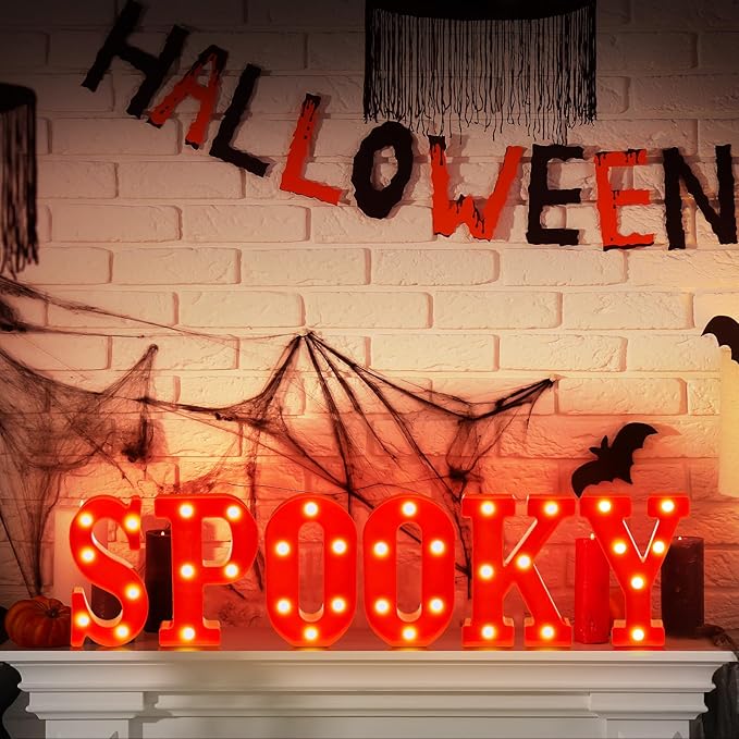 6 Pcs Halloween Decorations LED Spooky Signs Marquee Light up Letters for Table Wall Hanging Red Spooky Letters Lights Halloween Party Supplies for Porch Mantel Bedroom Tabletop