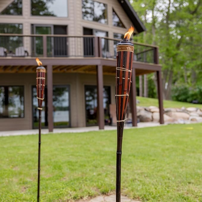 TIKI 60-Inch Bamboo Torches (4-Pack) – Natural Outdoor Torches with Easy Pour Canisters, Long-Lasting Fiberglass Wicks & Snuffers – Patio, Garden, Lawn & Backyard Decor – Walnut/Pecan Finish