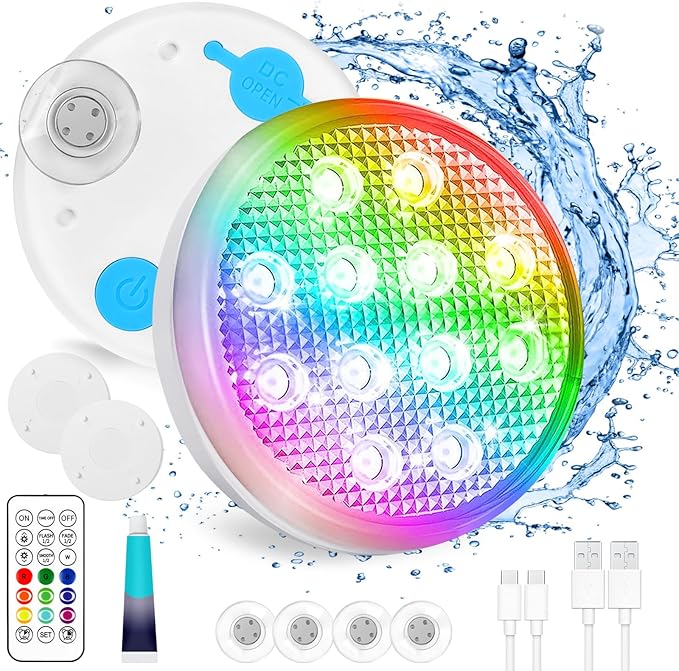Rechargeable Pool Lights with Remote: (2 Pack) Submersible Led Light IP68 Waterproof 16 Color Changing Floating Underwater Hot Tub Lights with Magnet for Pond Bathtub Christmas Decoration