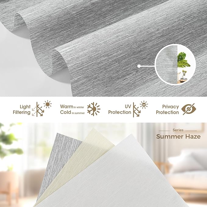 HeyBlinds Motorized Roller Shades, Smart Blinds for Windows, Remote Automatic Window Shades, Electric Shades, Light Filtering, Compatible with Alexa Google Apple Home (Summer Haze-Greywind LF)