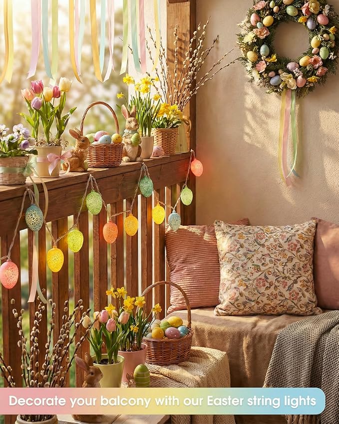 SUNSGNE Easter Egg String Lights for Outdoor Indoor Easter Decorations, 8.5ft Cracked Egg Lights String with 10 Multicolor Bulbs for Garland Tree Garden Yard Fence Patio Balcony Party Decor