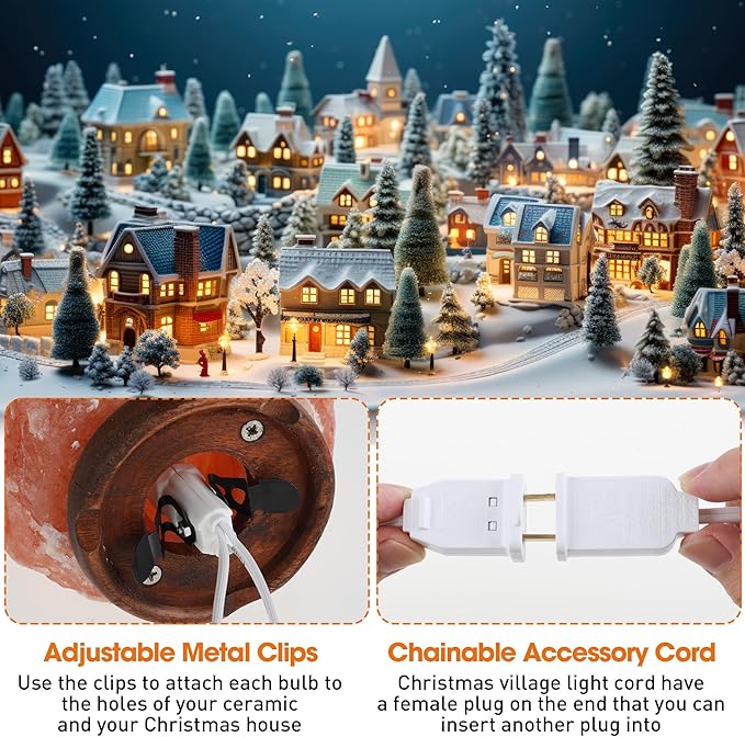 Leelosp 1 Pc Christmas Village Lights, 3 Base C7 String Bulbs Christmas Village Light Cord with ON/Off Switch Spare Fuse, 9.8ft Blow Mold Light Kit for Xmas Mini House, Ceramic Crafts Decor