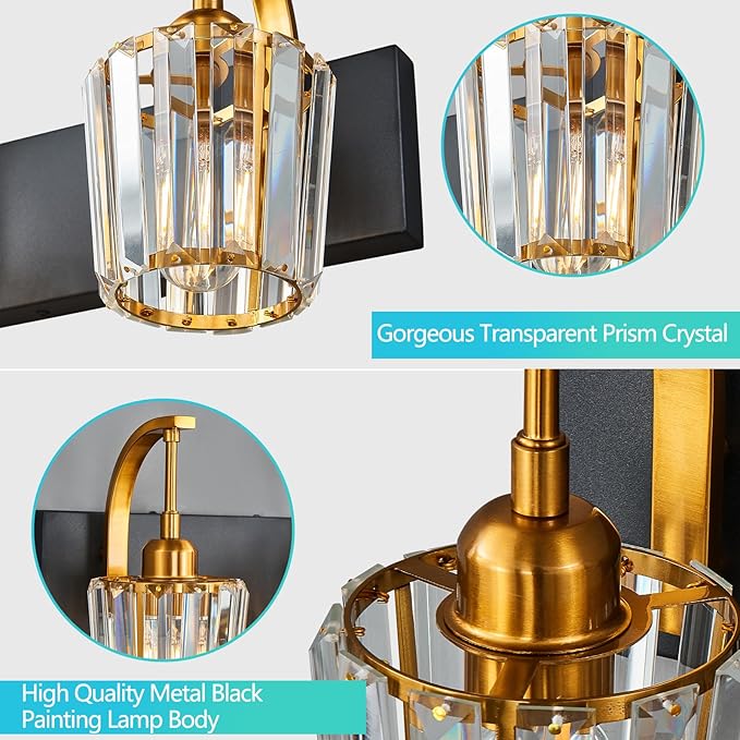 Modern Bathroom Vanity Light, 5-Light Black Gold Wall Sconce with Crystal Accents, Over Mirror Bathroom Lighting Fixture, 42.52" Long Dimmable Vanity Lamp for Makeup, Easy Installation