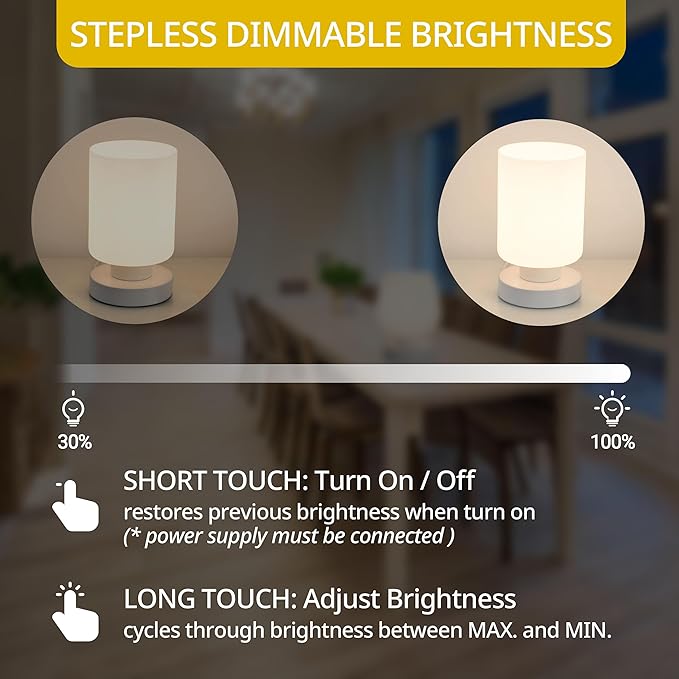 Touch Bedside Lamp, Mini Stepless Dimmable Table Lamps for Bedroom for Night Stands, Small Desk Lamp with Brightness Memory, USB Charging Ports, Warm LED Bulb, White, Cylindrical Shape, 2 Set