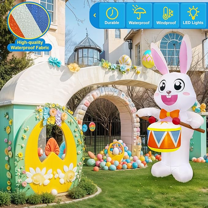 OurWarm 8FT Easter Inflatables Outdoor Decorations, Drumming Inflatable Easter Bunny Decor with Built-in LED Lights, Easter Bunny Blow up Inflatable for Outside Garden Lawn Holiday Party Yard Decor