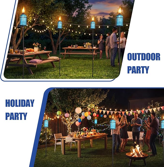 4 Pack Glass Garden Torch , 13.5 oz Blue Outdoor Torch Garden Décor , 61-Inch Upgraded Citronella Torches with 3-Prong Grounded Stake , Metal Light Torches for Party Patio Pathway