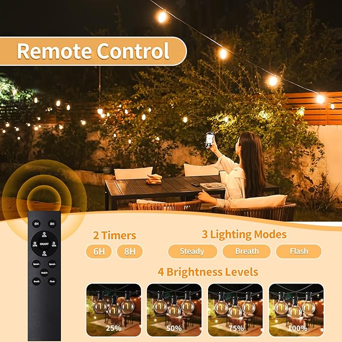 Outdoor String Lights with Remote, 100ft 50 LED Bulbs Dimmable Patio Lights, 24V Waterproof Plug, G40 Hanging Light for Outside, Deck, Garden, Backyard, Porch, Party Decor