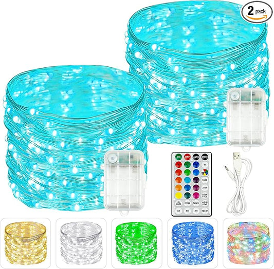 2 Pack Fairy Lights Battery Operated, 20FT 60LED RGB Color Changing String Lights, Waterproof Multicolor Changing Twinkle Light with Timer and Remote for Indoor & Outdoor Bedroom Christmas Decorations