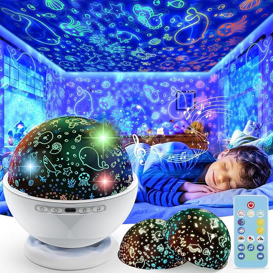 Night Light Projector,Night Light for Kids Room with Remote and Timer,360° Rotation,3 Projection Films,18 Light Modes,8 Lullaby Songs,Kids Night Lamp, Christmas Birthday Gifts for Boys Girls (white)