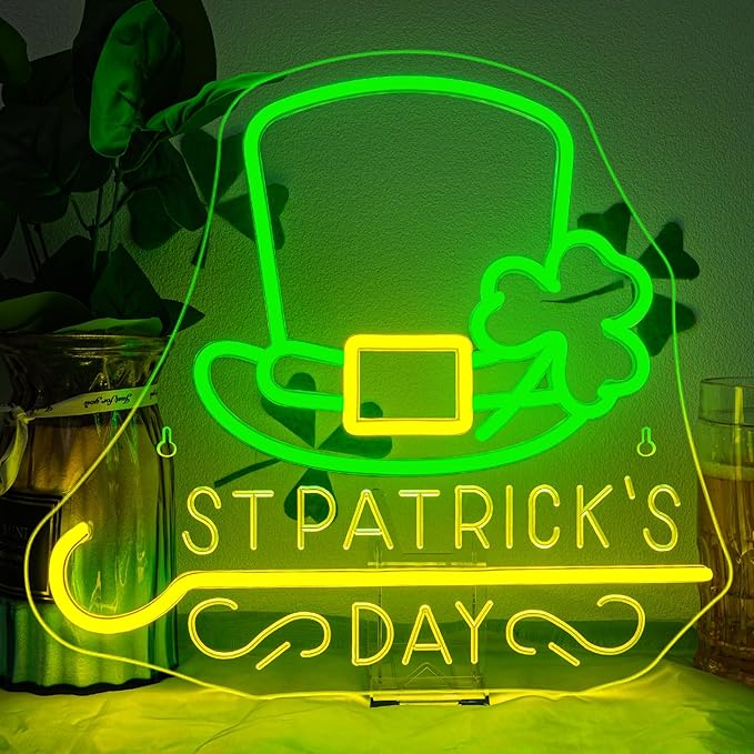 Horseneon St Patricks Day Neon Sign Shamrock Neon Light LED Signs St Patricks Day Decorations Dimmable Green Gold Colors for Wall Art Bedroom Living Room Home Bar Decor