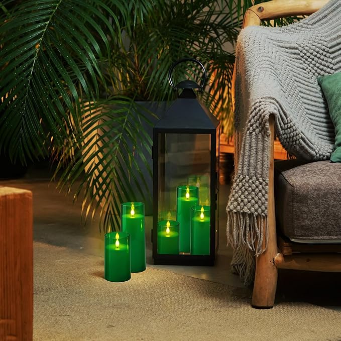 Homemory Green Flickering Flameless Candles, Battery Operated Acrylic LED Pillar Candles with Remote Control and Timer, Set of 5, St. Patrick's Day