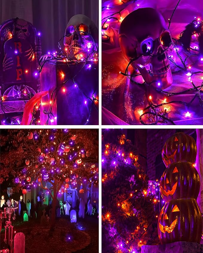 Orange Purple Solar Halloween Lights Outdoor Waterproof Halloween Decorations Outdoor Lights100 LED with 8 Modes for Party Patio Garden Tree Yard