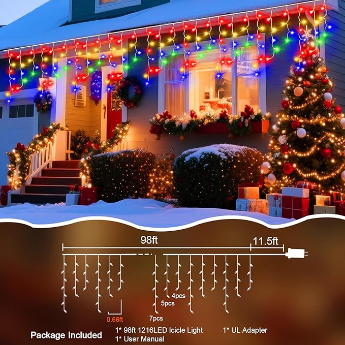 98 Ft Ice Lights for Outside, 1216 LED Christmas Lights Outdoor Plug in, Christmas String Lights with 8 Modes & Timer for Holiday, Party, Wedding, House, Patio, Outdoor Decor(Cool White)