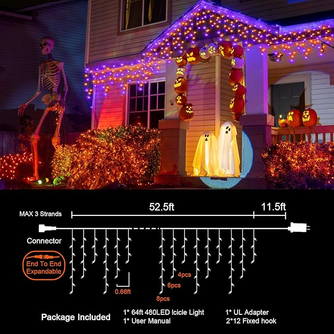 66 FT Halloween Lights Outdoor, 720 LED Orange and Purple Halloween Lights Waterproof with 12 Modes & Timer, Outdoor String Lights for Party, House, Patio Holiday Decorations