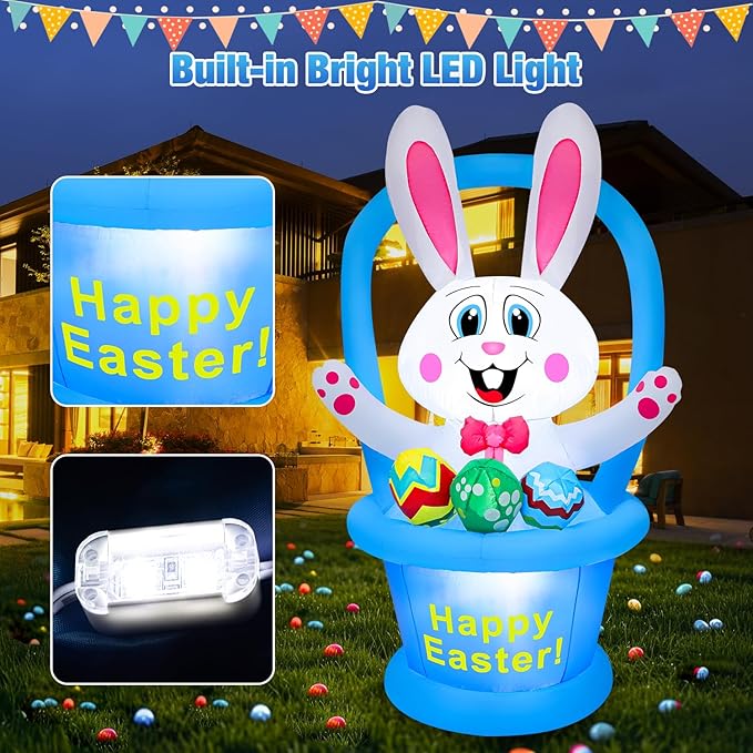 5 Ft Easter Inflatables Easter Decorations, Blow up Easter Decorations Outdoor with LED Lights Basket Light up Outdoor Easter Decor for Holiday Party Indoor Garden Lawn