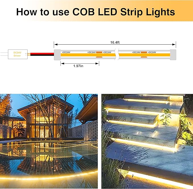 Outdoor LED Strip Lights,6000K Cool White,24V IP67 LED Strips,32.8FT/10M,CRI90+ Waterproof led cob Strip Light for Bathroom,Pool,Garden,Sauna Rooms(Power Not Included)