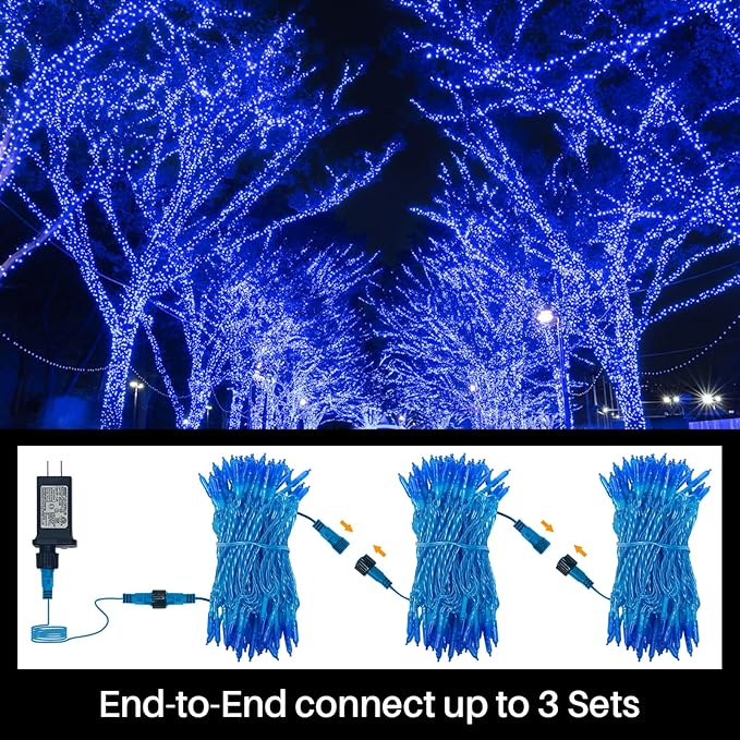 LAMPHOME Blue Christmas Mini Lights, 32.5FT 100 LED Clear Bulbs String Lights with 16 Light Modes, Fairy Lights Plug in for Outdoor Xmas Trees Garland Wreath Holiday Decorations