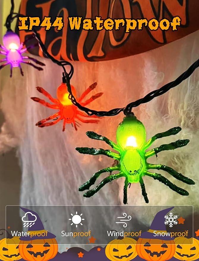 Halloween Spider String Lights Outdoor, 8.5FT Hanging Halloween String Lights with 10 LED Multicolor Spider Lights UL Listed for Outdoor Party Stair Bar House Garden Yard Decorations- Black Wire