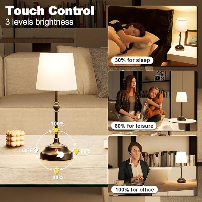 VOLISUN Cordless Table Lamp, 2 Pack 5200mAh Battery Operated Lamp, Touch Dimmable Wireless Lamp Bedside Light for Bedroom, Living Room, Dining Room (Black)