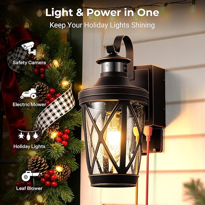 Motion Sensor Front Porch Light with GFCI Outlet, 2-Pack Oil Rubbed Bronze Outdoor Light Fixture with Outlet, Anti-Rust Exterior Sconce Light Wall Lantern, Modern Coach Lights for Garage, Entry