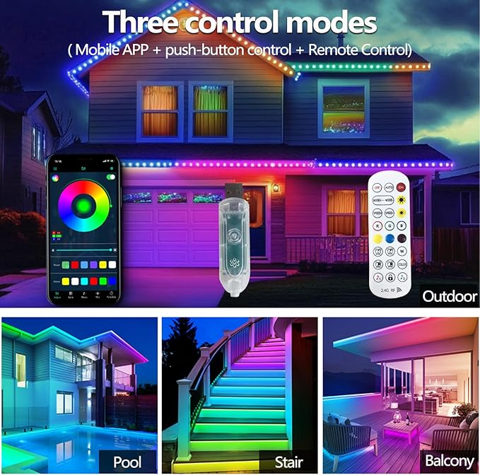32.8FT Ws2812 RGB+IC LED Strip Lights IP68 Outdoor Waterproof, 5V USB Powered, Music Sync Bluetooth APP/RF Remote Control Lights for Balcony,Deck,Camping,Garden,Bedroom Decor