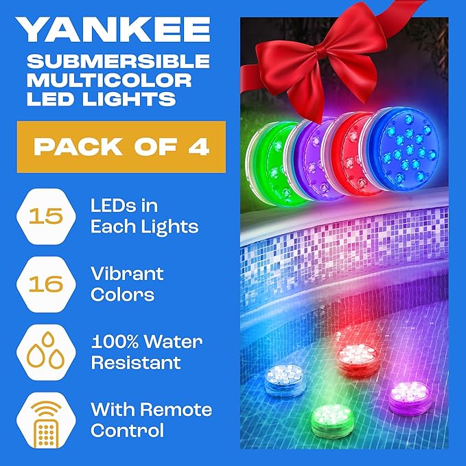 Yankee Submersible Pool Lights, Waterproof 15 Submersible LED Underwater Lights with Remote, 16 Colors, 3 Flash Modes, Timer, w/Suction Cups, Magnet, for Inground Pool (4 pcs)