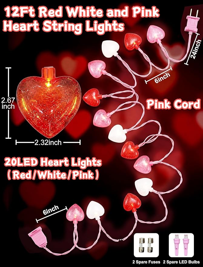 12Ft Heart String Lights, Valentines Day Decorations Lights with 20 LED Glitter Red White Pink Heart Light, Plug in Fairy Lights for Wedding Anniversary Proposal Valentines Day Decor