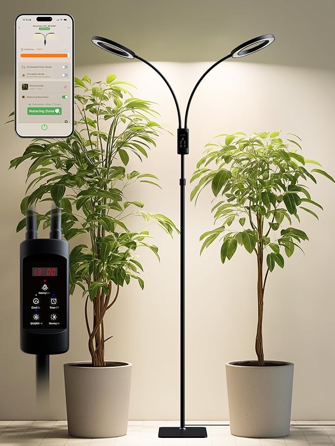 Smart Grow Lights for Indoor Plants, Plant Light with Auto-Timer, Full Spectrum LED Grow Light, Adjustable Height & Stepless Dimming,Plant Assistant Suitable for Most Plants (Black, 48W)