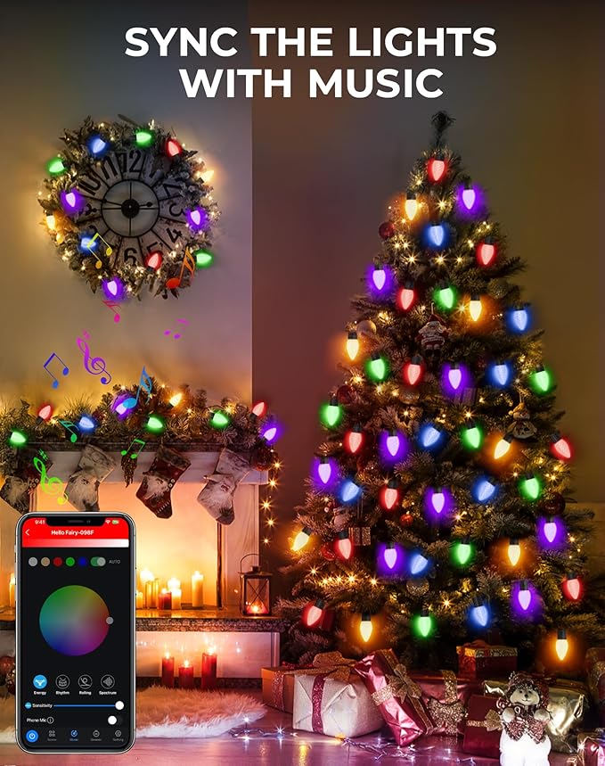 Smart C9 Christmas Lights Outdoor RGB, 66Ft 100 LEDs Dynamic C9 String Lights DIY Chasing Effects APP Remote Controlled, Waterproof, Music Sync, Connectable Tree Lights for Roofline Fence Decoration