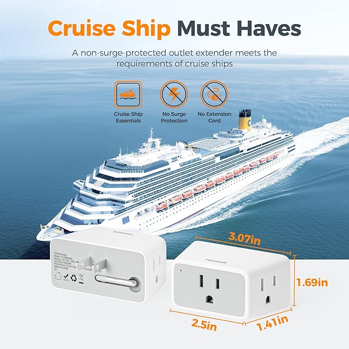 TESSAN Multi Plug Wall Outlet 2 Packs, 2 Prong to 3 Prong Foldable Adapter, 3 AC Plug Extension Outlet Extender, 1875W Max for Cruise Ship, Home, Office, Dorm, Travel Essential