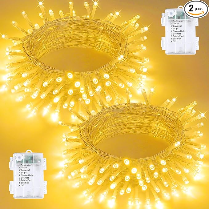 2 Pack Christmas String Lights Battery Operated with Timer, 33FT 100 LED Waterproof Twinkle Lights, 8 Modes Fairy Light for Indoor and Outdoor Bedroom Garland Tree Christmas Decorations (Warm White)