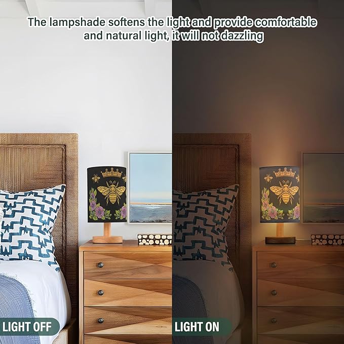 Table Lamp Honey Queen Bee Bumblebee Crown Flower Floral Wreath Nightstand Lamp with Wood Base Fabric Lamp Shade Bedside Desk Lamp for Living Room Bedroom Kids Room Office