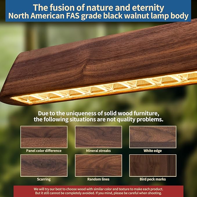 70" Wood Linear Pendant Light, Dimmable Kitchen Island Lighting with Remote, 30W LED Island Lights for Kitchen, Adjustable Linear Chandelier for Dinning Room Light Fixture, Bar, Pool Table - Walnut