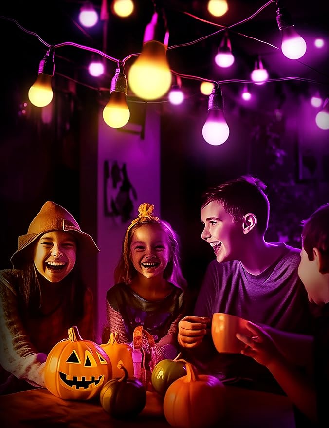 Fulighture Purple Orange Light Bulbs Outdoor [ 4 Pack ] LED A19 Halloween Light Bulbs LED Orange Light 9W (60W Equivalent) - E26 Purple Light Bulb for Porch Colored Christmas Party Home Decor