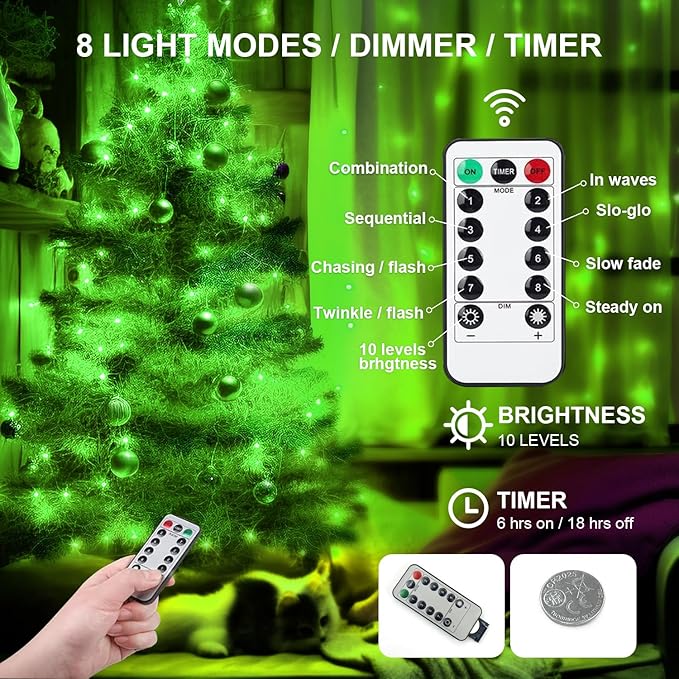 Aogist 2 Pack-50LED Fairy Lights 16ft Dual Power(USB/Battery) with Remote & Timer, 8 Modes Flexible Copper Wire Waterproof String Lights for Outdoor Christmas Wedding Bedroom Party Decor,Green