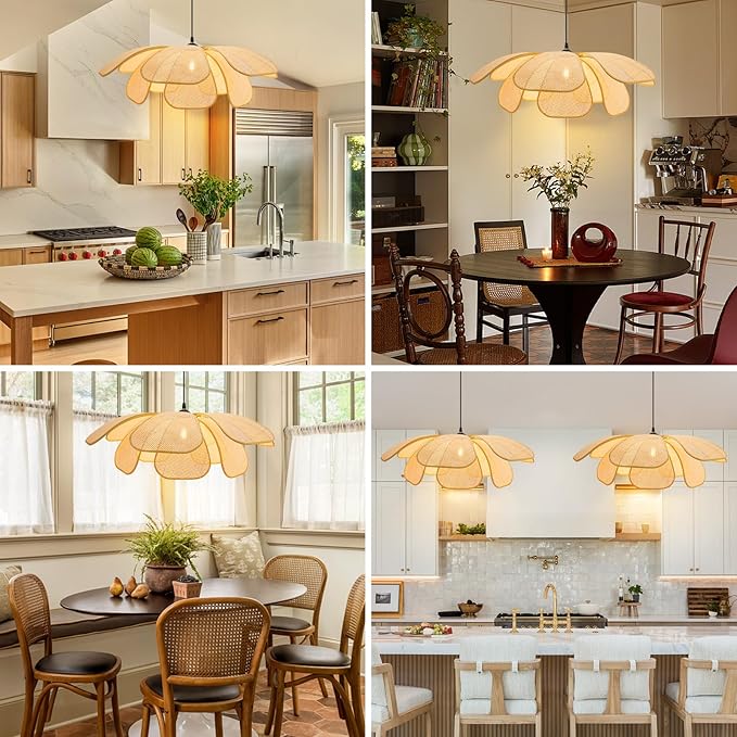 Rattan Pendant Light Boho Chandelier Flower Light Hand-Woven Rattan Hanging Lamp Wicker Chandelier Basket Hanging Light Fixture for Dining Living Room Island Kitchen Bedroom