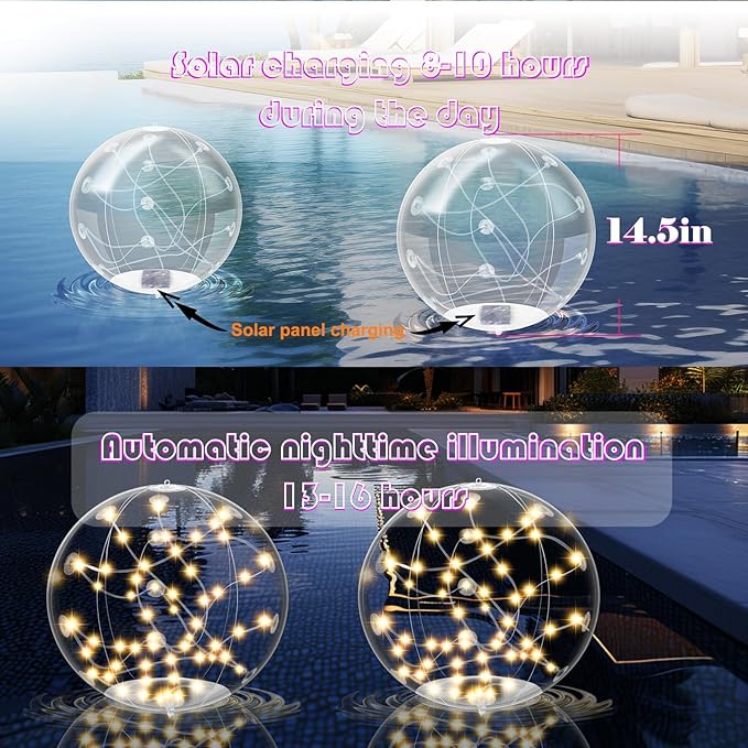 2 Pack Outdoor Solar Pool Lights, 14.5" Floating LED Light Up Balls with Remote, 3000K Warm Glow, Dimmable & Auto On at Dusk, IP68 Waterproof, 3 Modes – Perfect for Garden, Pool, Beach & Party