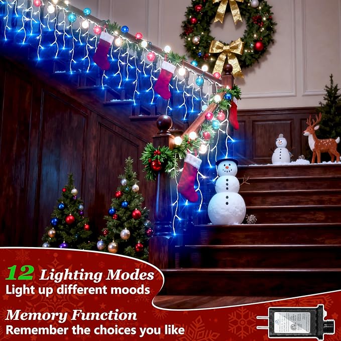 1332 LED 132ft Christmas String Lights Outdoor, 12 Modes Dimmable Curtain Lights with 296 Drops, Waterproof Fairy Lights with Timer for Bedroom Window Holiday Wedding Home Xmas Decor, Blue & White