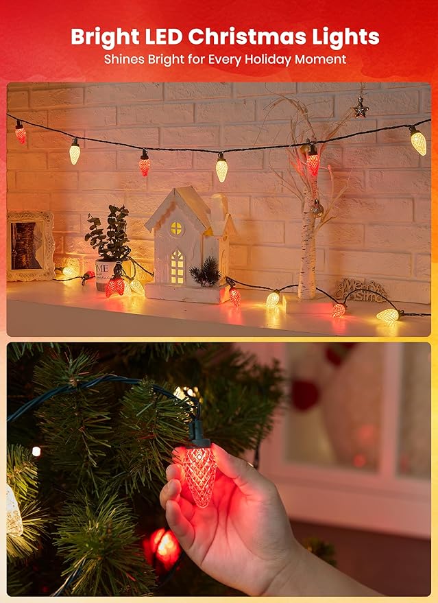 C9 LED Christmas Lights Outdoor, 81 Feet 100 LED String With Timer & 8 Light Mode, Waterproof Commercial Grade Christmas Tree for Outside Indoor Roofline Patio Decor, Red & White