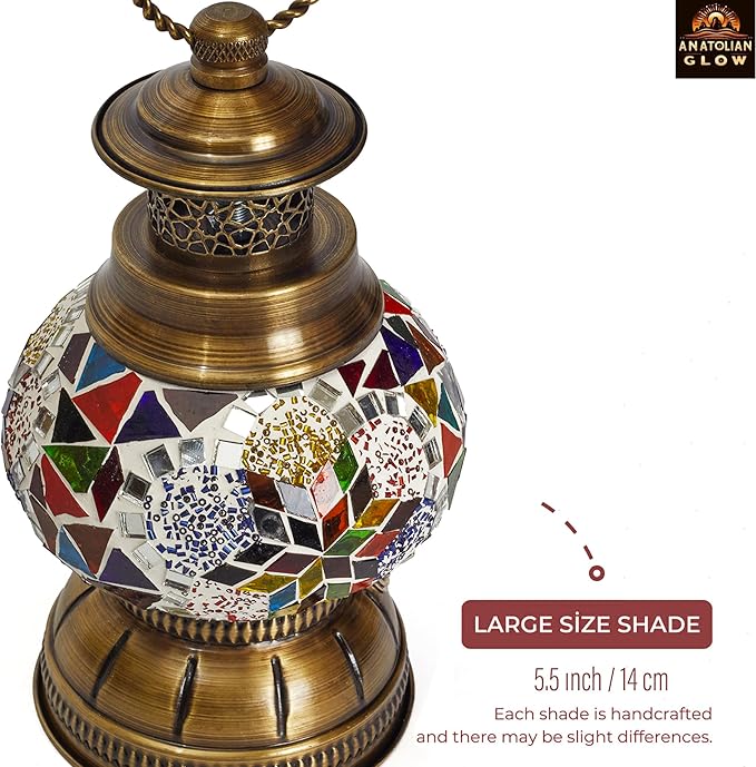 Portable Turkish Mosaic Lamp – Handmade Tiffany-Style Glass Light with Bronze Base and LED Bulb – Battery Powered Bedside Decor Lamp (Colorful Star Pattern) – Globe Size 6.5"