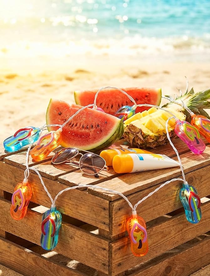 Multicolor Beach Flip Flop String Lights, 8.5Ft Beach Themed Outdoor Party Lights with 10 Multicolor Slipper Lights, Summer Ocean Decorations String Lights for Bedroom Camping Decks Party Lighting
