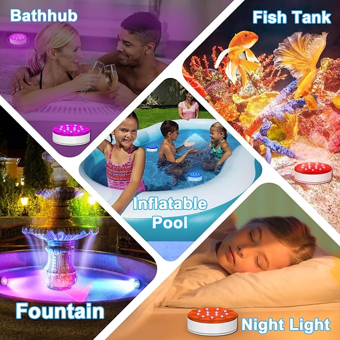 Pool Lights for Above Ground Inground Pool, Underwater Rechargeable Submersible LED Lights with Remote, IP68 Waterproof, Pool Light for Hot Tub, Shower, Vase, Fountain, Aquarium, Bath, Party, 2 Pack