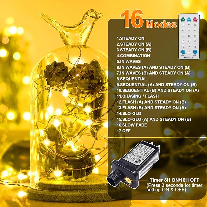 LAMPHOME Fairy Lights Plug in, 33Ft 100 LEDs Waterproof Twinkle Firefly Lights, Adaptor Included, Starry String Lights for Wedding Indoor Outdoor Christmas Patio Garden Decoration, Yellow