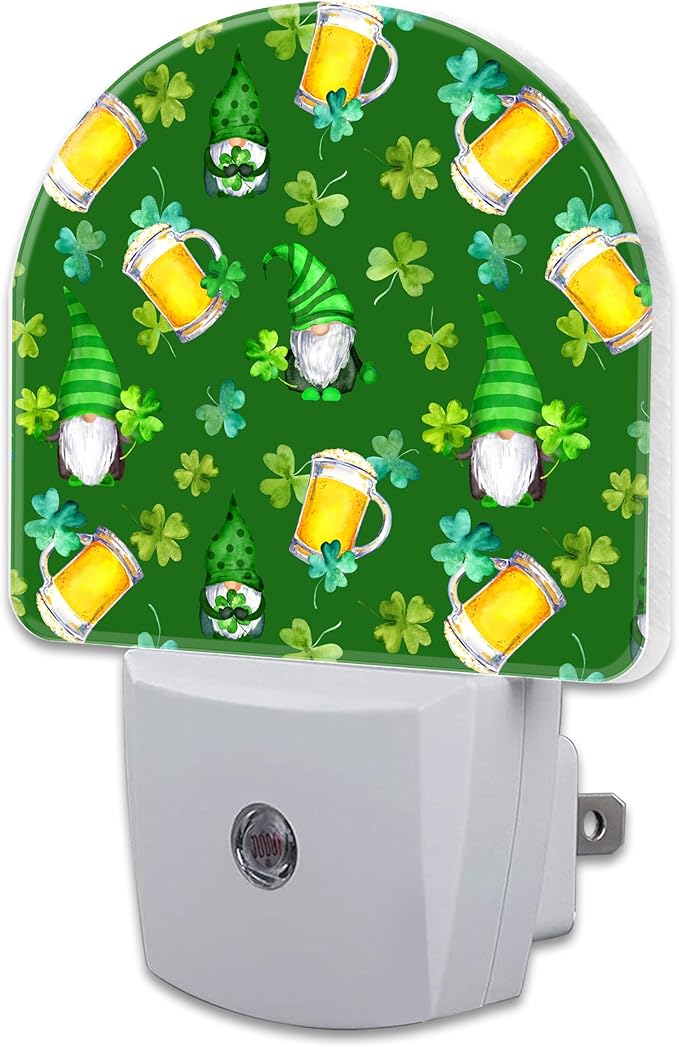 Saint Patrick Day Gnomes and Clovers Night Light Plug into Wall,Irish Shamrock and Gnomes Dusk to Dawn Night Light,0.5w Energy Saving Sleep Friendly Nightlights for Kids Boys Girls Home