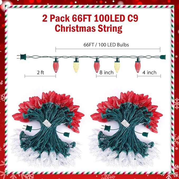 Brightown C9 LED Christmas String Lights, 2 Pack Total 132ft 200LED Outdoor Lights String, Plug-in Connectable Waterproof Roofline Lights String for Outside Yard Christmas Holiday Decor