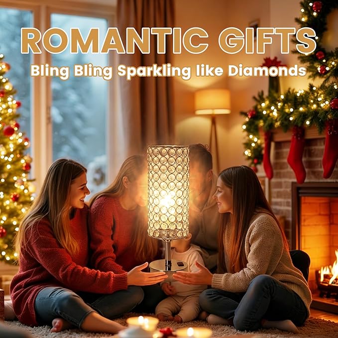 Crystal Table Lamp Touch Table Light Chrome Dimmable USB Charging Modern Bedside Lamps for Bedroom Night Stands Living Room (Bulb Included)